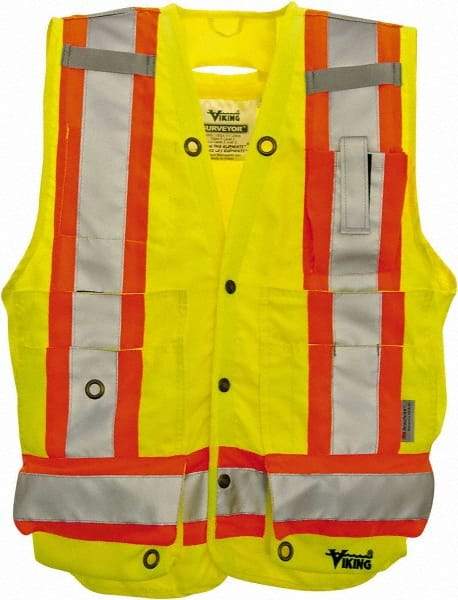 Viking - Size 3XL High Visibility Lime Solid Surveyor's Vest - 55" Chest, Snaps Closure, 13 Pockets, Polyester - Benchmark Tooling