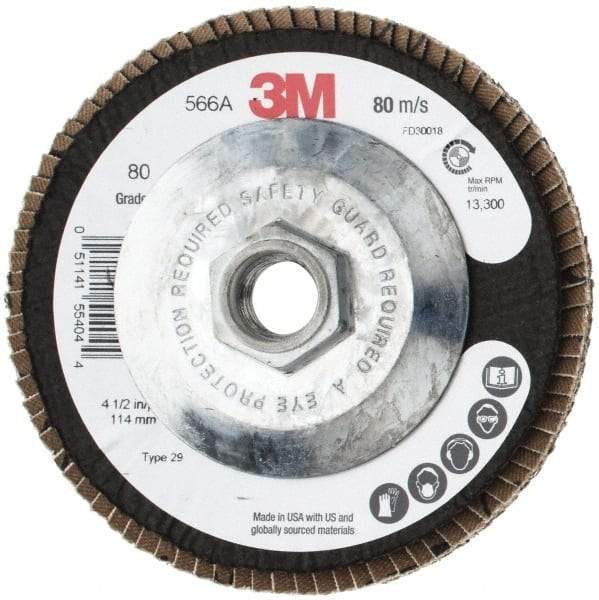 3M - 80 Grit, 4-1/2" Disc Diam, 5/8-11 Center Hole, Type 29 Zirconia Alumina Flap Disc - 13,300 Max RPM, Cloth Backing, Arbor Attaching System, Coated - Benchmark Tooling