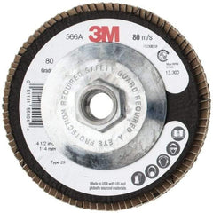 3M - 80 Grit, 4-1/2" Disc Diam, 5/8-11 Center Hole, Type 29 Zirconia Alumina Flap Disc - 13,300 Max RPM, Cloth Backing, Arbor Attaching System, Coated - Benchmark Tooling