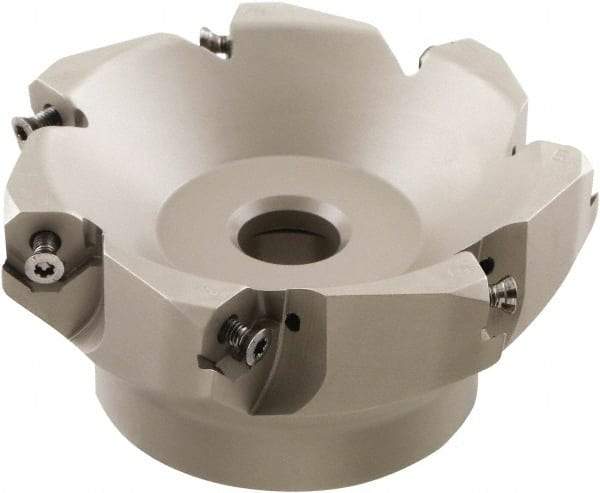 Iscar - 109.4mm Cut Diam, 32mm Arbor Hole, 4.6mm Max Depth of Cut, 50° Indexable Chamfer & Angle Face Mill - 7 Inserts, IQ845 SYHU 07.. Insert, Right Hand Cut, Through Coolant, Series DoveIQMill - Benchmark Tooling
