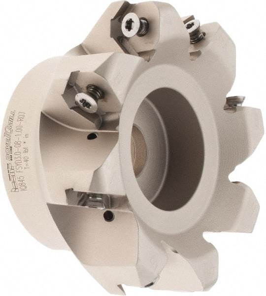 Iscar - 3.37" Cut Diam, 1" Arbor Hole, 0.18" Max Depth of Cut, 50° Indexable Chamfer & Angle Face Mill - 8 Inserts, IQ845 SYHU 07.. Insert, Right Hand Cut, Through Coolant, Series DoveIQMill - Benchmark Tooling