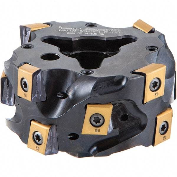 Iscar - 4 Inserts, 50mm Cut Diam, 24mm Max Depth of Cut, Indexable Square-Shoulder Face Mill - 0/90° Lead Angle, T490 LN.. 1306 Insert Compatibility, Through Coolant, Series Helitang - Benchmark Tooling