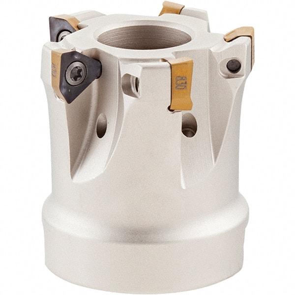 Iscar - 4 Inserts, 1-1/4" Cut Diam, 1/2" Arbor Diam, 0.2" Max Depth of Cut, Indexable Square-Shoulder Face Mill - 0° Lead Angle, 1-1/4" High, HM390 TCKT 0703PCTR Insert Compatibility, Through Coolant, Series HeliIQMill - Benchmark Tooling