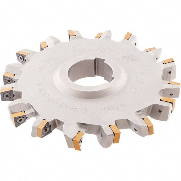 Iscar - Arbor Hole Connection, 3/4" Cutting Width, 2.425" Depth of Cut, 8" Cutter Diam, 2" Hole Diam, 8 Tooth Indexable Slotting Cutter - SDN-XN13 Toolholder, XNMU 13 Insert, Neutral Cutting Direction - Benchmark Tooling