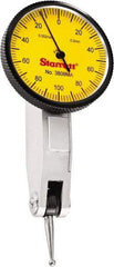 Starrett - 0.2 mm Range, 0.002 mm Dial Graduation, Horizontal Dial Test Indicator - 1-1/4 Inch Yellow Dial, 0-100-0 Dial Reading - Benchmark Tooling