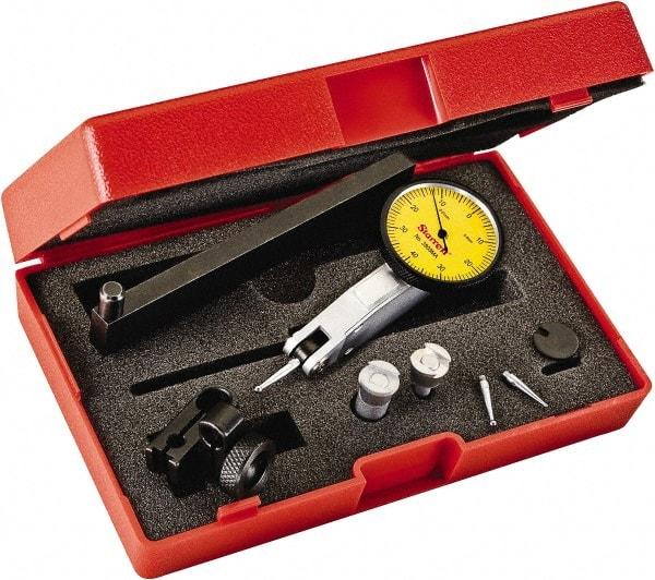 Starrett - 0.8 mm Range, 0.01 mm Dial Graduation, Horizontal Dial Test Indicator - 1-1/4 Inch Yellow Dial, 0-40-0 Dial Reading - Benchmark Tooling