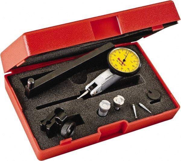 Starrett - 0.2 mm Range, 0.002 mm Dial Graduation, Horizontal Dial Test Indicator - 1-1/4 Inch Yellow Dial, 0-100-0 Dial Reading - Benchmark Tooling