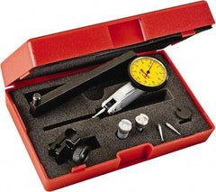 Starrett - 0.2 mm Range, 0.002 mm Dial Graduation, Horizontal Dial Test Indicator - 1-1/4 Inch Yellow Dial, 0-100-0 Dial Reading - Benchmark Tooling