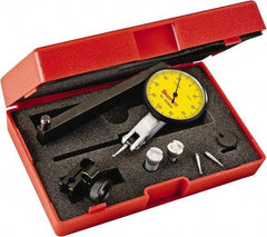Starrett - 0.2 mm Range, 0.002 mm Dial Graduation, Horizontal Dial Test Indicator - 1-9/16 Inch Yellow Dial, 0-100-0 Dial Reading - Benchmark Tooling