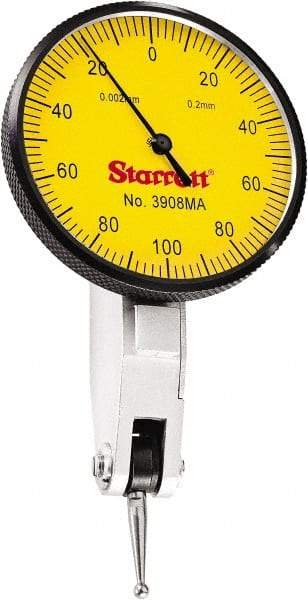 Starrett - 0.2 mm Range, 0.002 mm Dial Graduation, Horizontal Dial Test Indicator - 1-9/16 Inch Yellow Dial, 0-100-0 Dial Reading - Benchmark Tooling