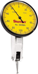 Starrett - 0.2 mm Range, 0.002 mm Dial Graduation, Horizontal Dial Test Indicator - 1-9/16 Inch Yellow Dial, 0-100-0 Dial Reading - Benchmark Tooling