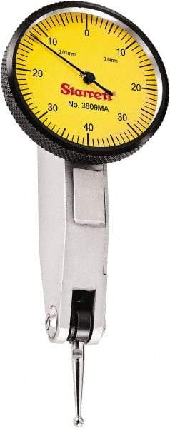 Starrett - 0.8 mm Range, 0.01 mm Dial Graduation, Horizontal Dial Test Indicator - 1-1/4 Inch Yellow Dial, 0-40-0 Dial Reading - Benchmark Tooling