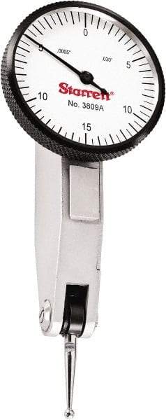 Starrett - 0.03 Inch Range, 0.0005 Inch Dial Graduation, Horizontal Dial Test Indicator - 1-9/16 Inch White Dial, 0-15-0 Dial Reading - Benchmark Tooling