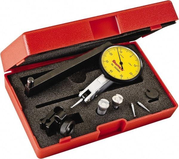 Starrett - 0.8 mm Range, 0.01 mm Dial Graduation, Horizontal Dial Test Indicator - 1-9/16 Inch Yellow Dial, 0-40-0 Dial Reading - Benchmark Tooling