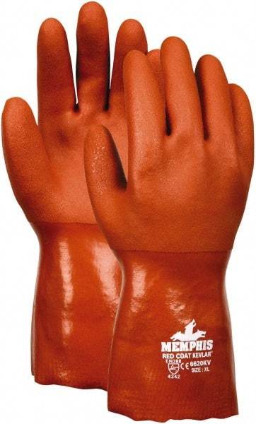 MCR Safety - Size L (9), ANSI Cut Lvl 3, Puncture Lvl 2, Abrasion Lvl 4, PVC Coated Kevlar Cut Resistant Gloves - 12" Long, Fully Coated Coated, Kevlar Lining, Gauntlet Cuff, Red, Paired - Benchmark Tooling