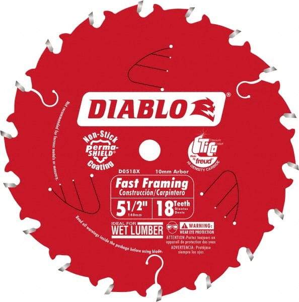 Freud - 5-1/2" Diam, 10mm Arbor Hole Diam, 18 Tooth Wet & Dry Cut Saw Blade - Carbide-Tipped, Framing Action, Standard Round Arbor - Benchmark Tooling