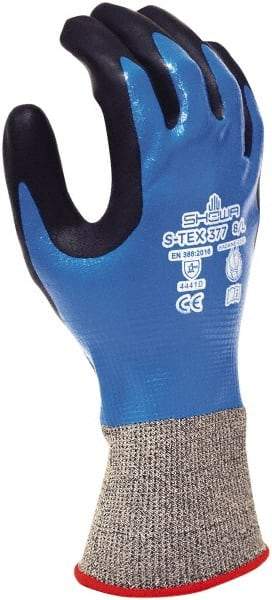 SHOWA - Size S (6), ANSI Cut Lvl A4, Abrasion Lvl 4, Foam Nitrile Coated Polyester/Nylon/Stainless Steel/Kevlar Cut Resistant Gloves - Fully Coated Coated, Knit Wrist, Black/Blue, Paired - Benchmark Tooling