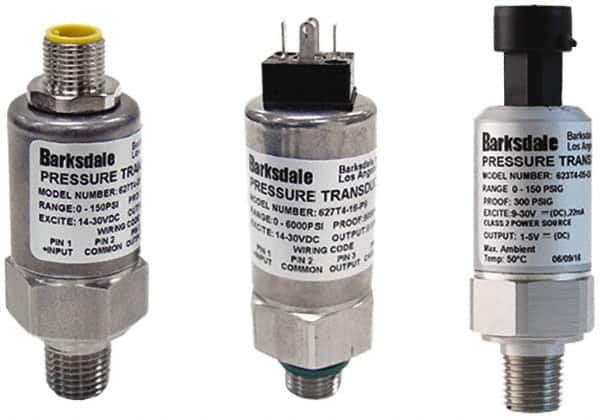 Barksdale - 75 Max psi, ±0.5% Accuracy, 1/4-18 NPT (Male) Connection Pressure Transducer - 0 to 10 VDC Output Signal, Shielded & Jacketed Cable - 1m Wetted Parts, 1/4" Thread, -40 to 185°F, 28 Volts - Benchmark Tooling