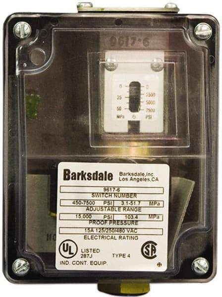 Barksdale - 450 to 7,500 psi Adjustable Range, 15,000 Max psi, Sealed Piston Pressure Switch - 1/4 NPT Female, Screw Terminals, SPDT Contact, 316SS Wetted Parts, 2% Repeatability - Benchmark Tooling