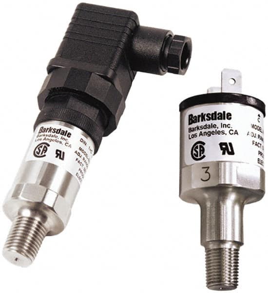 Barksdale - 5 to 50 psi Adjustable Range, 100 Max psi, Compact Pressure Switch - 1/4 NPT Male, .250 x .032 Male Spade Quick Disconnect, SPDT Contact, SS Wetted Parts, 8% Repeatability - Benchmark Tooling