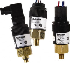 Barksdale - 8.5 to 50 psi Adjustable Range, 1,000 Max psi, Compact Pressure Switch - 1/4 NPT Male, 1/2NPT Male Conduit Connector with Free Leads, SPDT Contact, Brass Wetted Parts, 2% Repeatability - Benchmark Tooling