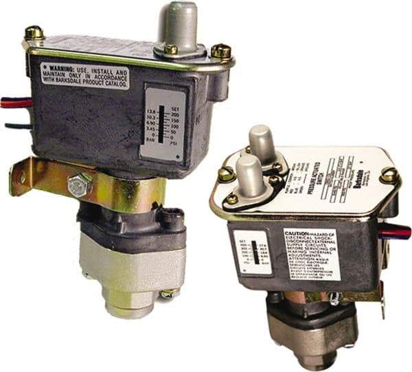 Barksdale - 35 to 400 psi Adjustable Range, 3,000 Max psi, Sealed Piston Pressure Switch - 1/4 NPT Female, 18in Free Leads, SPDT Contact, Nickel Plated Al Wetted Parts, 2% Repeatability - Benchmark Tooling