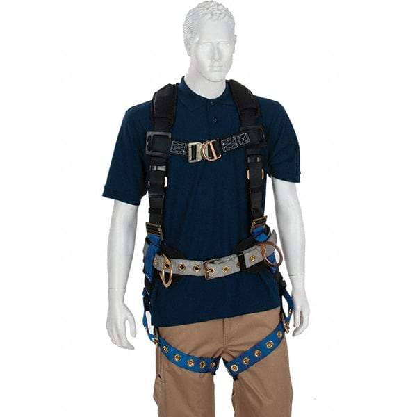 PRO-SAFE - 310 Lb Capacity, Size Universal, Full Body Construction Harness - Polyester, Front D-Rings, Side D-Rings, Tongue Buckle Leg Straps, Tongue Buckle Chest Strap, Gray/Blue, AntiTangle Strap, Back D Ring, Front D Ring & Side D Ring - Benchmark Tooling