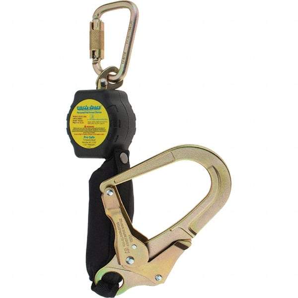 PRO-SAFE - 6' Long, 350 Lb Capacity, Ultra-High Molecular Weight Polyethylene Webbing Self-Retracting Lifeline - Steel Locking Rebar Hook Connector, Steel Carabiner Connector, Black - Benchmark Tooling