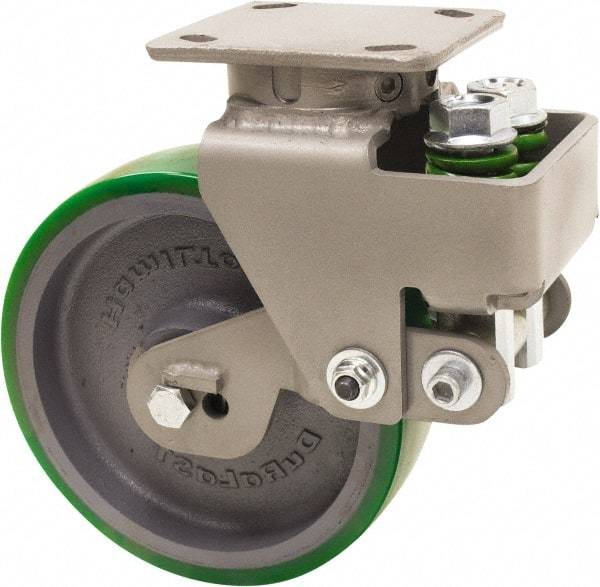 Hamilton - 8" Diam x 2" Wide, Polyurethane Mold on to Cast Iron Center Swivel Caster - 1,315 Lb Capacity, Top Plate Mount, 4" x 5" Plate, Sealed Precision Ball Bearing Bearing - Benchmark Tooling