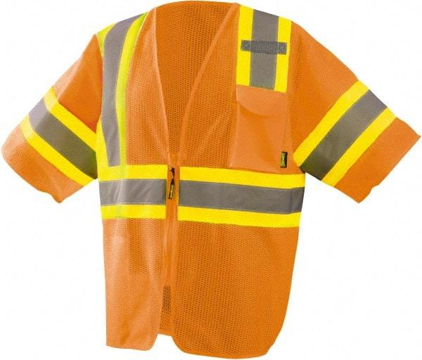 OccuNomix - Size L High Visibility Orange Mesh General Purpose Vest - ANSI 107-2015, Zipper Closure, 3 Pockets, Polyester - Benchmark Tooling