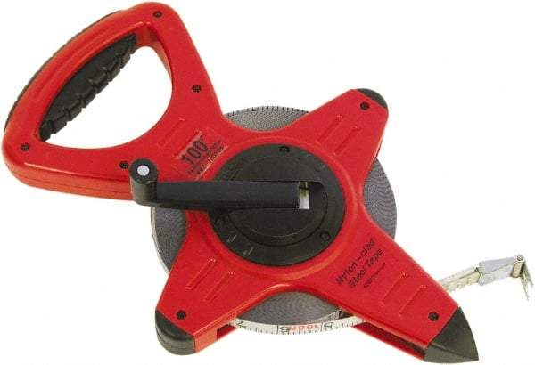 CST/berger - 100' x 1/2" White Fiberglass Blade Tape Measure - 1/8" Graduation, Red/Black Steel Case - Benchmark Tooling