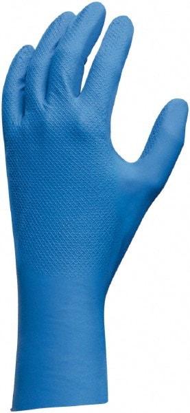 SHOWA - Size XL (10), 12" Long, 9 mil Thick, Nitrile Chemical Resistant Gloves - Textured Finish, Gauntlet Cuff, Blue, FDA Approved - Benchmark Tooling