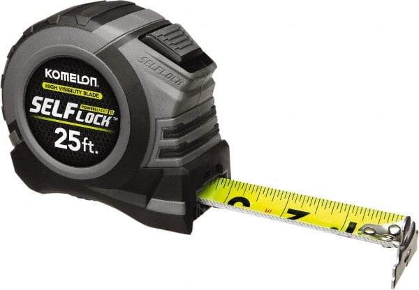 Komelon - 25' x 1-1/16" Yellow Steel Blade Tape Measure - 1/4, 1/8 & 1/16" Graduation, Blue/Gray ABS Plastic Case - Benchmark Tooling