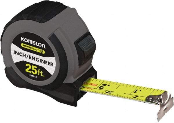 Komelon - 25' x 1-1/16" Yellow Steel Blade Tape Measure - 1/4, 1/8 & 1/16" Graduation, Blue/Gray ABS Plastic Case - Benchmark Tooling