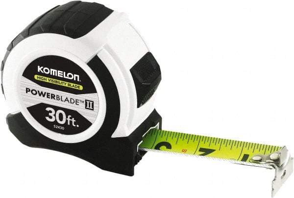 Komelon - 30' x 1-1/16" Yellow Steel Blade Tape Measure - 1/4, 1/8 & 1/16" Graduation, ABS Plastic Case - Benchmark Tooling