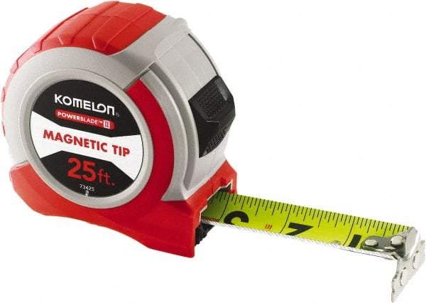 Komelon - 25' x 1-1/16" Yellow Steel Blade Tape Measure - 1/4, 1/8 & 1/16" Graduation, Red ABS Plastic Case - Benchmark Tooling