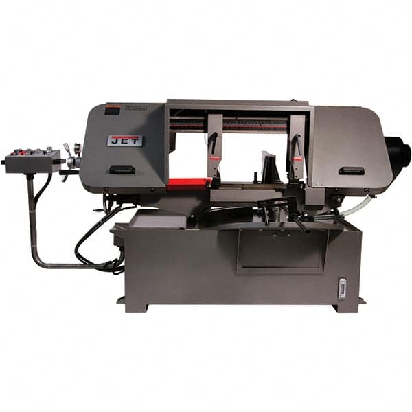 Jet - 19-1/4 x 4" Max Capacity, Semi-Automatic Variable Speed Pulley Horizontal Bandsaw - 90 to 370 SFPM Blade Speed, 230/460 Volts, 45 & 90°, 3 hp, 3 Phase - Benchmark Tooling