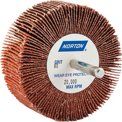 Norton - 3" Diam x 1" Face Width, Ceramic Alumina Coated Mounted Flap Wheel - 1/4" Shank Mount, 80 Grit, Cloth Backing, 20,000 Max RPM - Benchmark Tooling