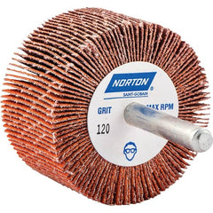Norton - 2" Diam x 1" Face Width, Ceramic Alumina Coated Mounted Flap Wheel - 1/4" Shank Mount, 120 Grit, Cloth Backing, 25,000 Max RPM - Benchmark Tooling