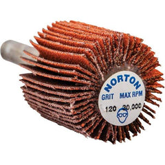 Norton - 1" Diam x 1" Face Width, Ceramic Alumina Coated Mounted Flap Wheel - 1/4" Shank Mount, 120 Grit, Cloth Backing, 30,000 Max RPM - Benchmark Tooling