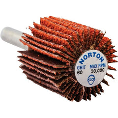 Norton - 1" Diam x 1" Face Width, Ceramic Alumina Coated Mounted Flap Wheel - 1/4" Shank Mount, 60 Grit, Cloth Backing, 30,000 Max RPM - Benchmark Tooling