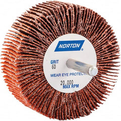 Norton - 3" Diam x 1" Face Width, Ceramic Alumina Coated Mounted Flap Wheel - 1/4" Shank Mount, 60 Grit, Cloth Backing, 20,000 Max RPM - Benchmark Tooling