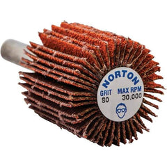 Norton - 1" Diam x 1" Face Width, Ceramic Alumina Coated Mounted Flap Wheel - 1/4" Shank Mount, 80 Grit, Cloth Backing, 30,000 Max RPM - Benchmark Tooling