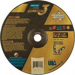 Norton - 24 Grit, 9" Wheel Diam, 1/8" Wheel Thickness, 7/8" Arbor Hole, Type 27 Depressed Center Wheel - Coarse Grade, Ceramic, Resinoid Bond, 6,600 Max RPM - Benchmark Tooling