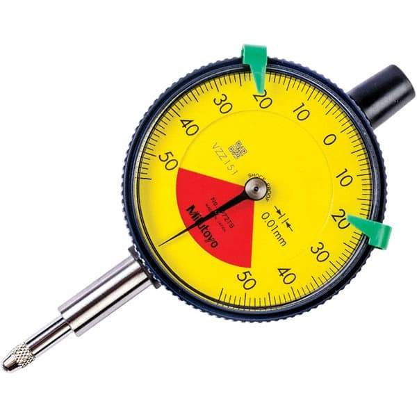 Mitutoyo - 1mm Range, 50-0-50 Dial Reading, 0.01mm Graduation Dial Drop Indicator - 57mm Dial, 1.4mm Range per Revolution, 0.04mm Accuracy - Benchmark Tooling