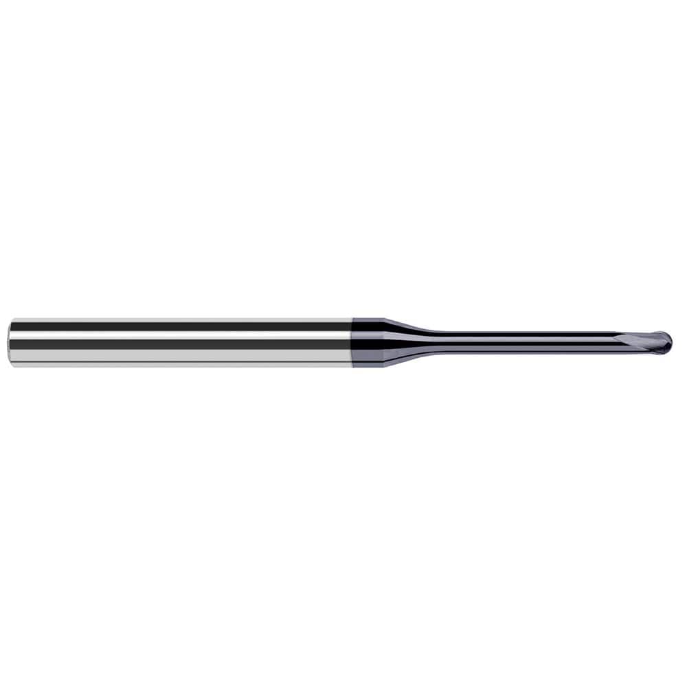 Ball End Mill: 0.031″ Dia, 0.025″ LOC, 2 Flute, Solid Carbide 2-1/2″ OAL, 1/4″ Shank Dia, 20 ° Helix, AlTiN Coated, Single End