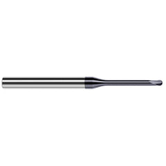 Ball End Mill: 0.031″ Dia, 0.025″ LOC, 2 Flute, Solid Carbide 2-1/2″ OAL, 1/4″ Shank Dia, 20 ° Helix, AlTiN Coated, Single End