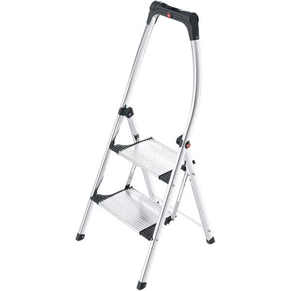 Hailo - 2 Steps, 3' 9" High, EN14183 Rating, Aluminum Step Ladder - 330 Lb Capacity, 20-15/32" Base Width - Benchmark Tooling