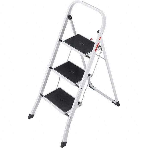 Hailo - 3 Steps, 3' 5" High, EN14183 Rating, Tubular Steel Step Ladder - 330 Lb Capacity, 18-1/2" Base Width - Benchmark Tooling