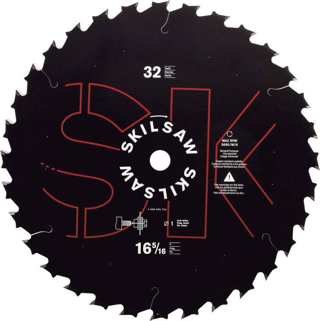 Skilsaw - 16-5/16" Diam, 1" Arbor Hole Diam, 32 Tooth Wet & Dry Cut Saw Blade - Carbide-Tipped, Cutoff Action, Standard Round Arbor - Benchmark Tooling